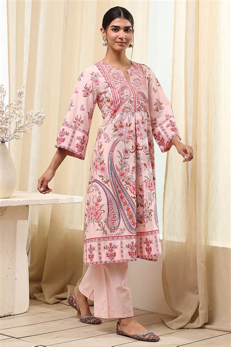 Buy Peach-Colored Cotton Floral A-Line Kurta Set Online at Biba India