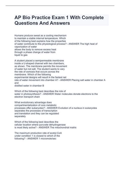 AP Bio Practice Exam 1 With Complete Questions And Answers - BIO ...