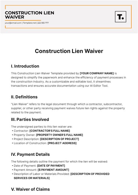 Free Construction Lien Waiver Template to Edit Online
