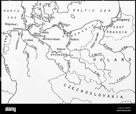 Pre World War Two map of Germany, surrounding countries, rivers and their borders in 1936 Stock ...