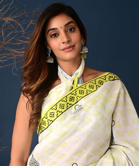 Lemon Yellow offwhite Block Printed Cotton Saree – GoSwadeshi
