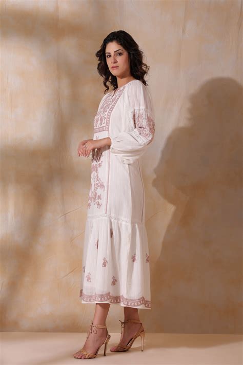 Women White Cotton Dobby Embroidery Long Dress – Nyaro