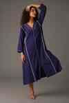 Buy Blue Cotton Embroidery V-neck Serenity Piping Hand Midi Dress For ...