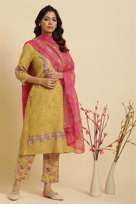 Yellow Floral Printed Kurta and Pants Set with Pink Dupatta – wforwoman