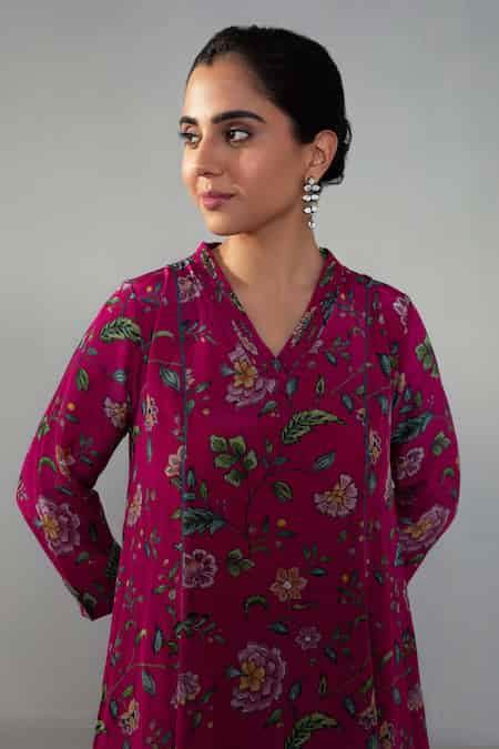 Buy Fuchsia Crepe Collared Floral Print Kurta With Pant For Women by ...