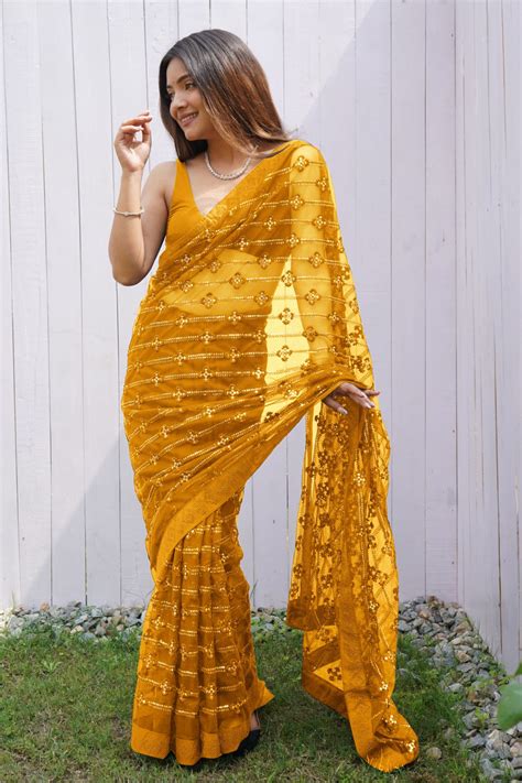 Buy Amber Yellow Embroidered Partywear Saree Online - MySilkLove