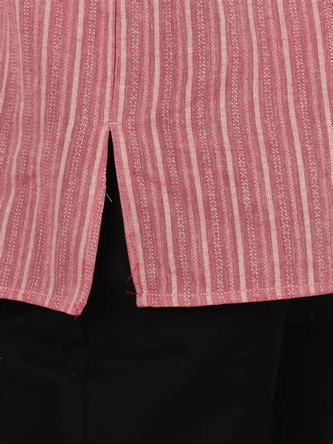 Men Cotton Short Length Striped Pocket Kurta Coral Pink RH04