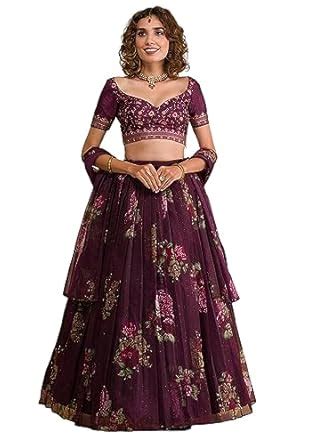 Zeel Clothing Womens Organza Lehenga Choli Semi-Stitched Purple Wedding ...