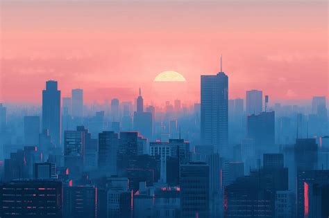 A city skyline with a large sun setting in the background | Premium AI ...