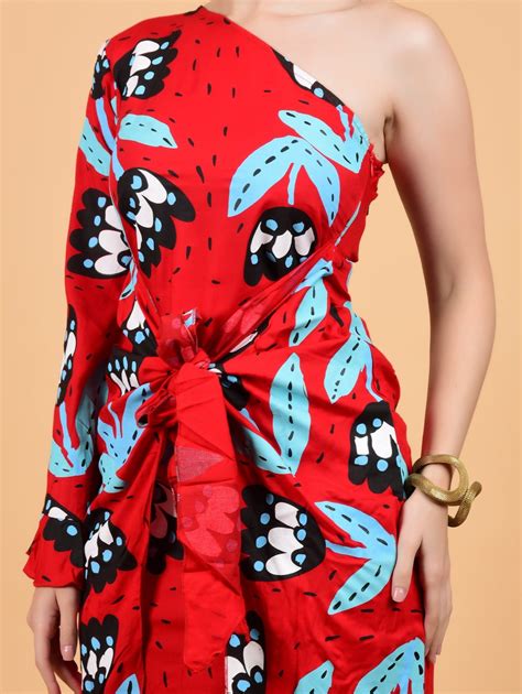 One Shoulder Printed Dress | Gulmohar Knot Dress by Atulyakala