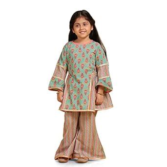 Buy AJ DEZINES Kids Sea Green Cotton Printed Bell Sleeves A-line Kurta ...