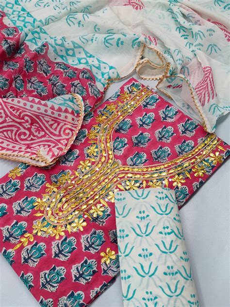 Cotton Gota Patti Neck Work Block Printed Suit Set with Cotton Dupatta ...