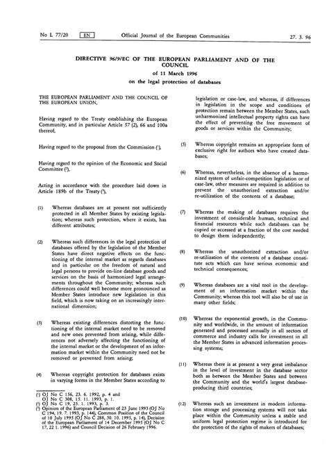E U Database Directive - No L 77 / 20 EN Official Journal of the ...