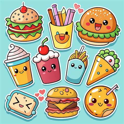 Cute cartoon fast food stickers with happy faces | Premium AI-generated ...