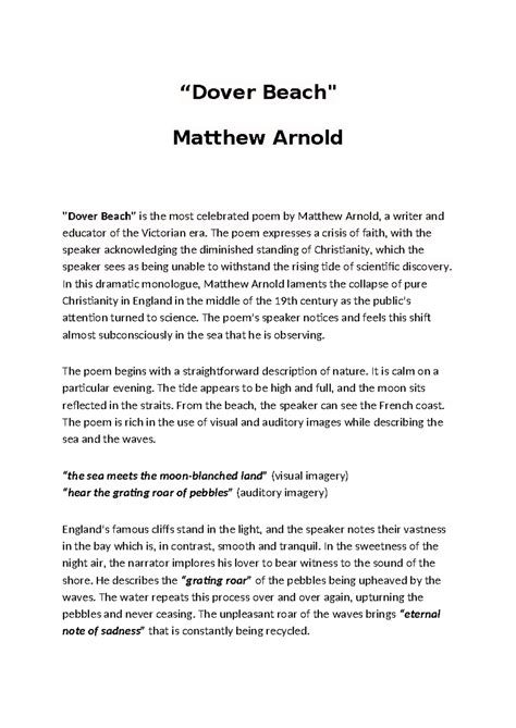 Dover Beach - “Dover Beach" Matthew Arnold "Dover Beach" is the most ...