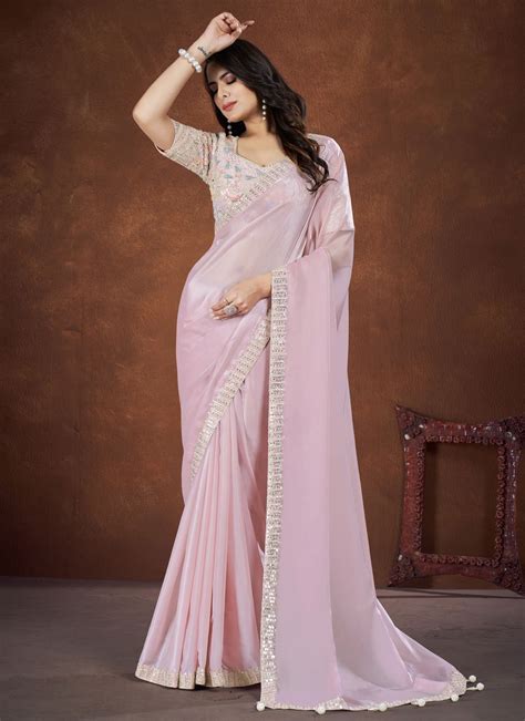Shop Wedding Sarees Online | Stone & Moti Embellished Baby Pink Crepe ...