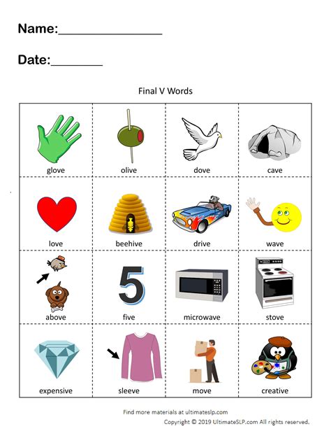 Final V Words Worksheet - Ultimate SLP