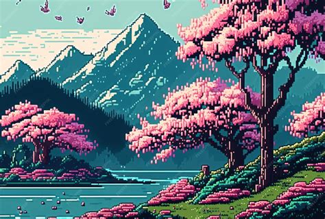 Premium Photo | Spring season cherry blossom tree with beautiful landscape background pixel art ...