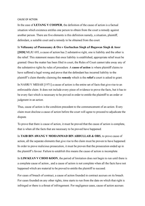 Cause OF Action - Civil - CAUSE OF ACTION In the case of LETANG V ...