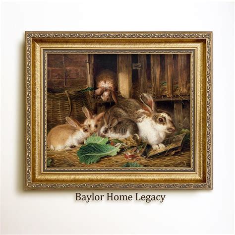Framed Rabbits Canvas Art Print of Antique Oil Painting, Framed Bunny Rabbits Oil Painting Print ...