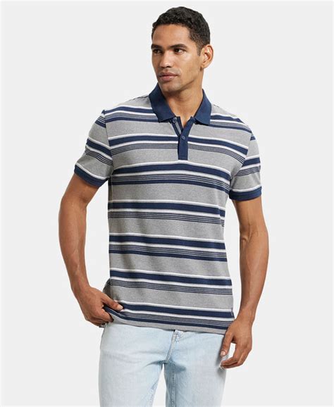 Buy Super Combed Cotton Rich Striped Polo T-Shirt - Grey Melange & Navy ...