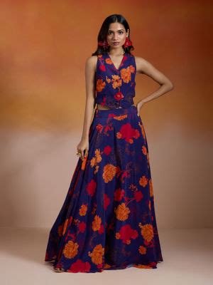Buy Gajra Gang Navy Blue Crepe Floral Printed Waiscoat and Skirt ...