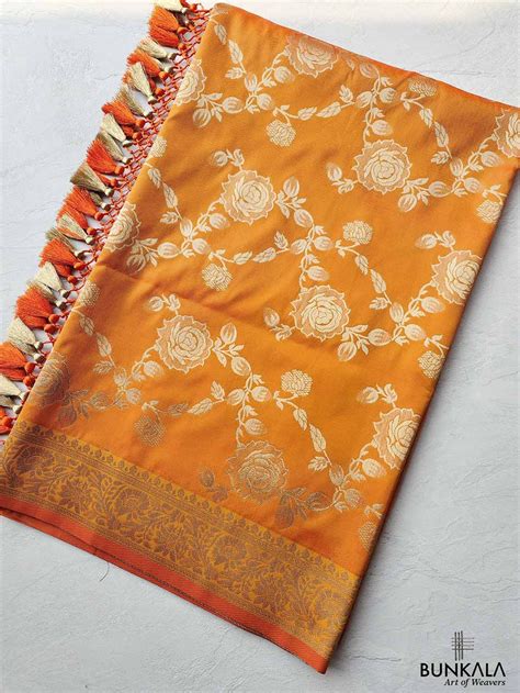 Orange Floral Jaal Design Banarasi Silk Saree – BUNKALA