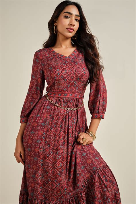 Buy Rangrez Maxi Dress Online In India at Global Desi F25H92MX_BURGUNDY