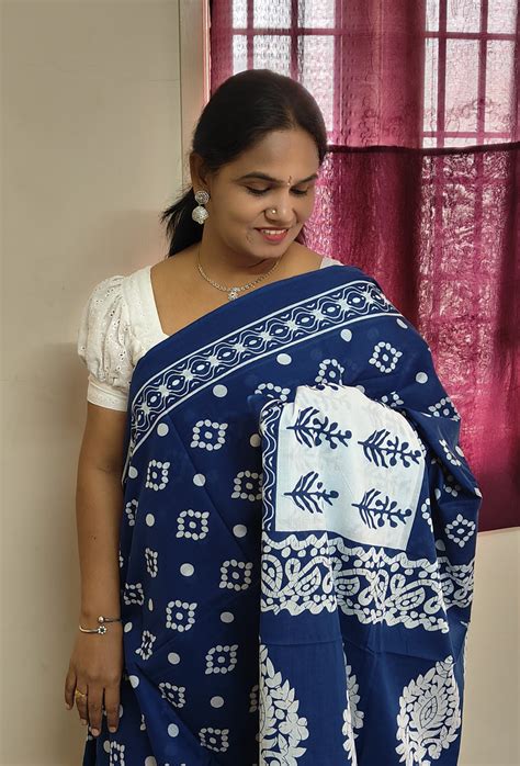 Navy blue with white mul mul printed cotton saree – Shreevari Collections