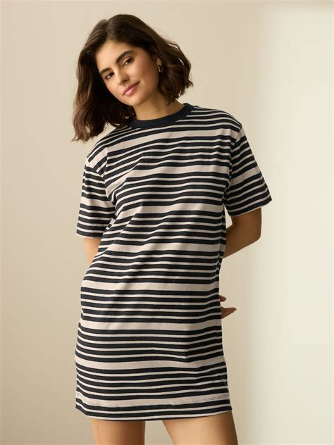 Buy Black/Stone Stripe 100% Cotton T-Shirt Dress from Next India