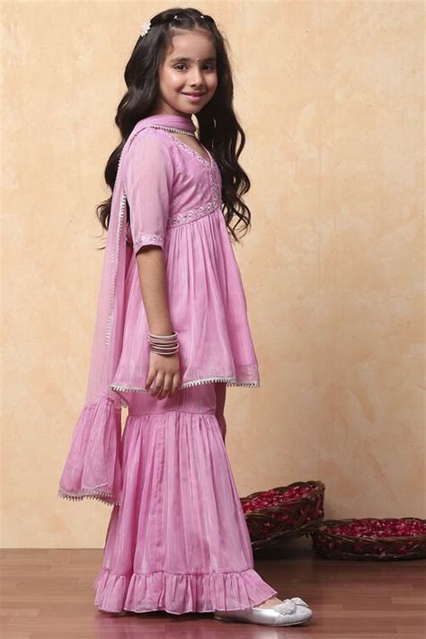Pink Chiffon Printed Gathered Festive Flared Suit Set at Biba India