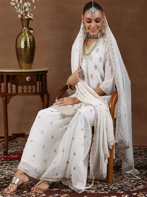 Buy White Embroidered Georgette Straight Suit With Dupatta Online at Rs ...