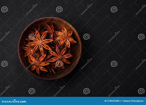 Star Shaped Spice Star Anise in a Wooden Round Bowl Stock Image - Image ...