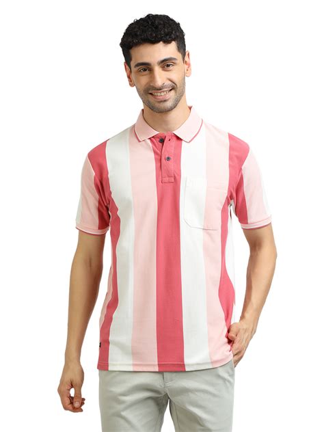 Buy Men's Baby Pink With White Striped Polo Collar T-Shirt Online at ...