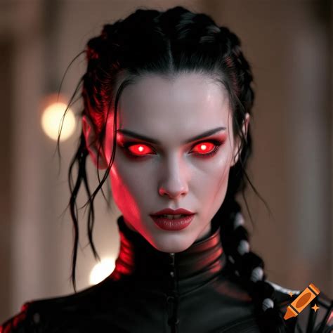 Mila Jovovich as a vampire with glowing red eyes and braided black hair ...