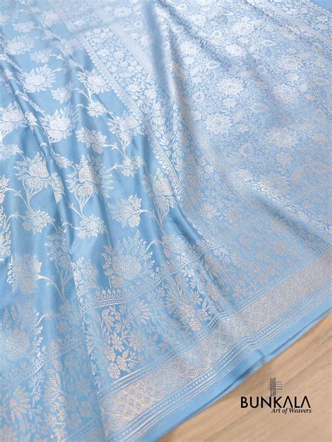 Shop Light Blue Floral Pure Katan Silk Handloom Banarasi Saree – BUNKALA