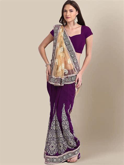 QLQC6460 Gold Purple Half & Half saree with Sequin Resham Embroidery ...