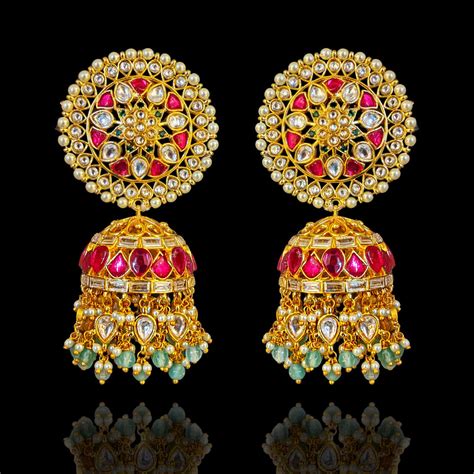 Traditional Indian Gold Plated With Dark Pink Stone Polki CZ Jhumkas ...
