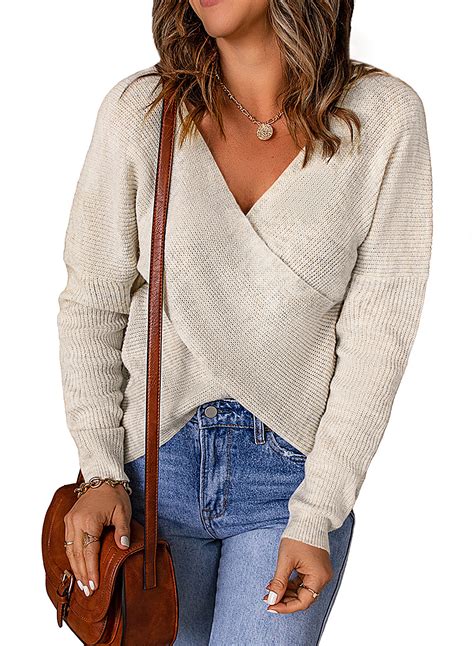 Asyoly Women Sexy Cross Wrap Sweaters V Neck Long Sleeve Solid Color ...