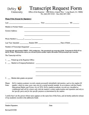 Fillable Online Transcript Request Form LB - DeVry - Long Beach Fax ...