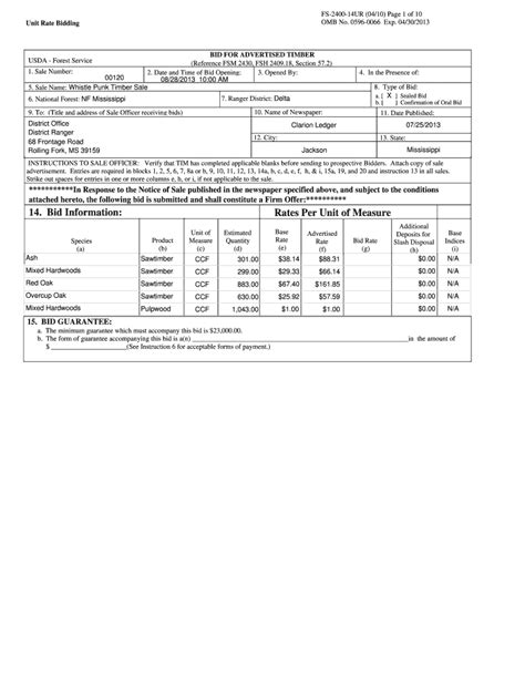 Fillable Online fs usda 58 - timber sale bid - US Forest Service Fax ...
