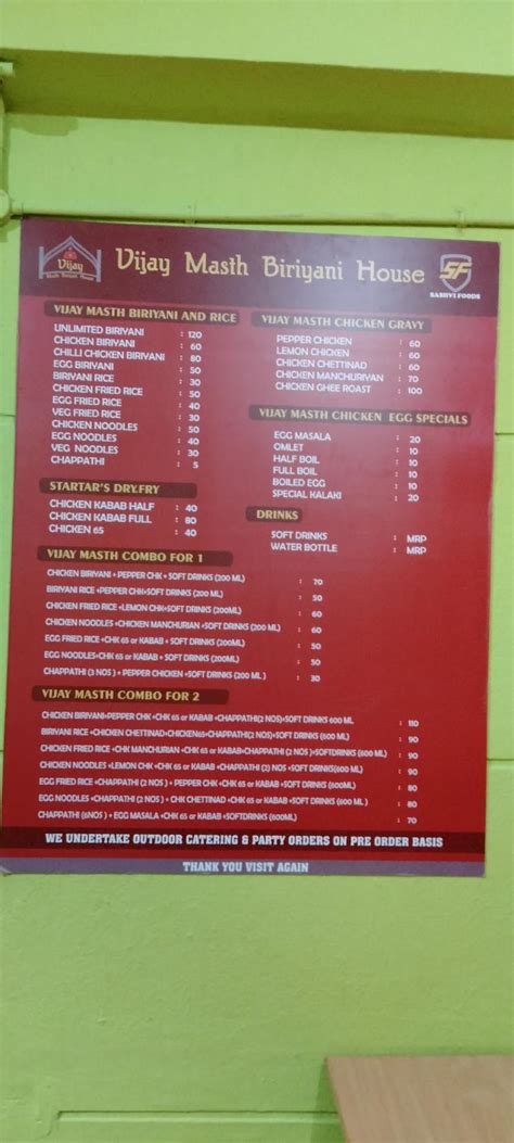 Menu at Vijay Masth Biriyani House, Bengaluru