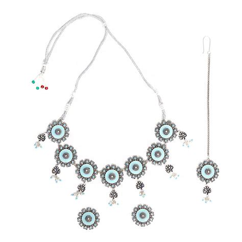 Arabian Nights Blue Enamel Brass Oxidised Plated Maang Tika Set – VOYLLA