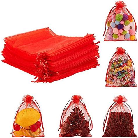 NAMZI 100pcs 2.7x3.5 inch Organza Drawstring Bags Red Jewelry Pouch ...