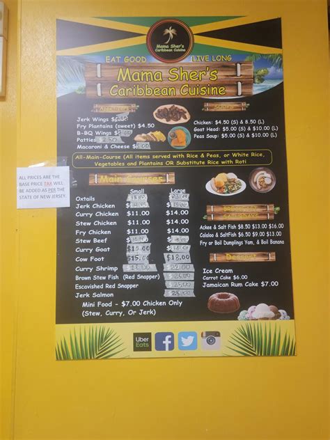 Menu at Mama Sher's Caribbean Cuisine restaurant, Union