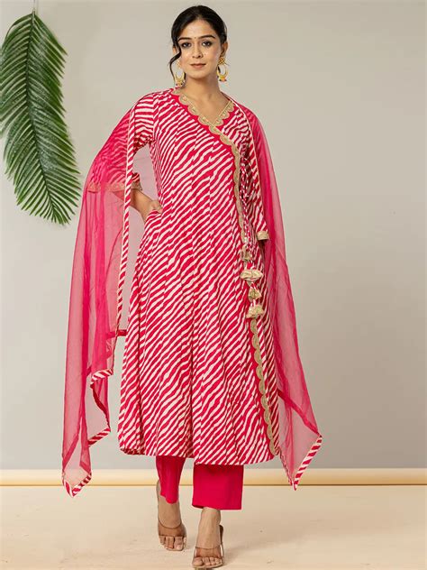 Cotton Leheriya Hot Pink Kurta Dupatta Pant Set – Yufta Store