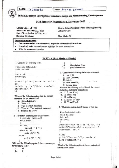 QP - question papers of iiitdm kancheepuram - Roll No: CS22B1080 Name ...