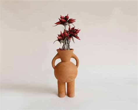 V-neck Two Legged Terracotta Vase: Handcrafted Stoneware Sculpture by ...