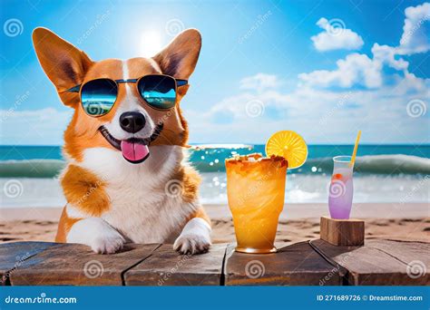 Funny Corgi Dog Drinking Cocktails at the Bar. Beach Ocean View. Summer ...