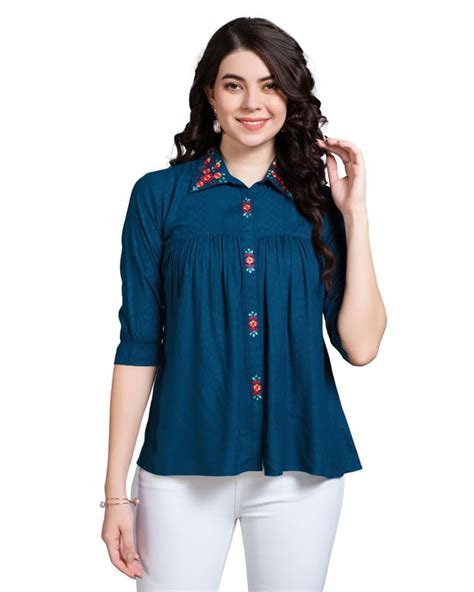 Buy MOJILAA Women's Teal Pure Viscose Rayon Floral Embroidered Shirt ...